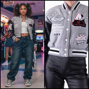 Red Fox Wool Blend Crop Varsity Patchwork Graphic Retro Y2K Gray Black Jacket XL